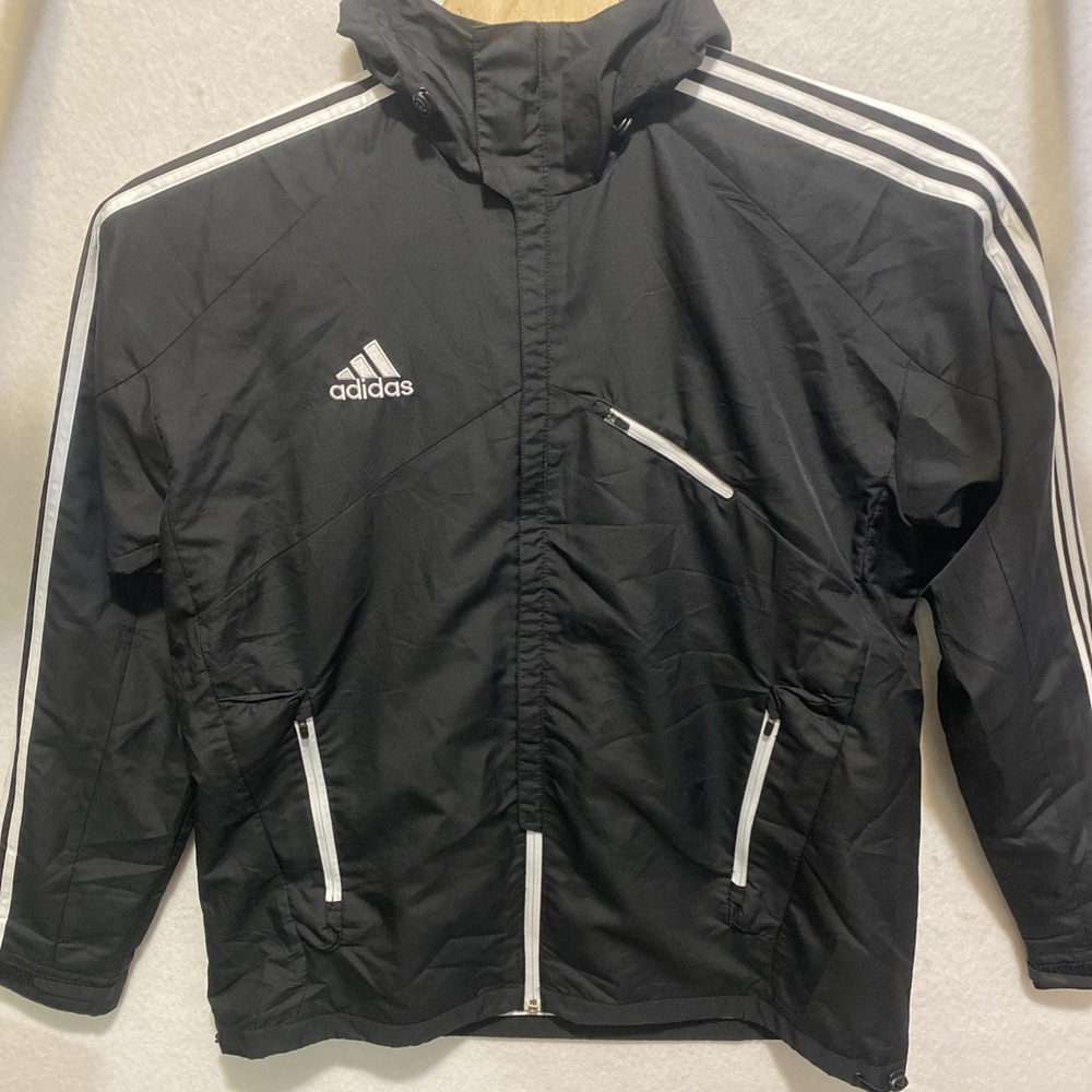 Adidas 3 Stripe Hooded Zip front and Pockets Coat ClimaProof Size Large C135